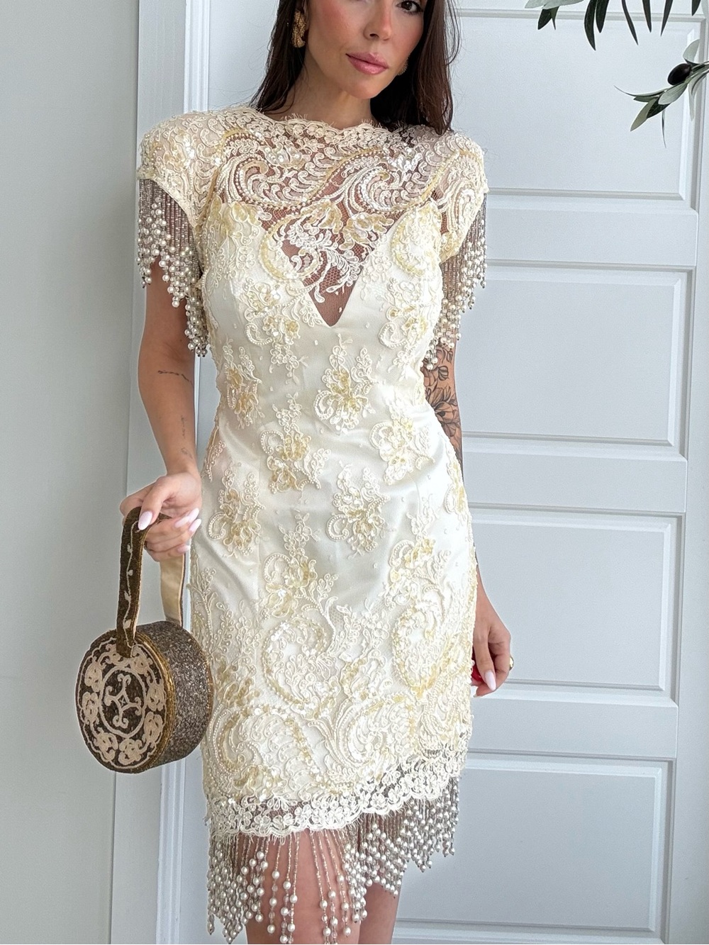 Vintage One of a Kind Ivory Lace Beaded Cocktail Bridal Dress with Pearl Fringe